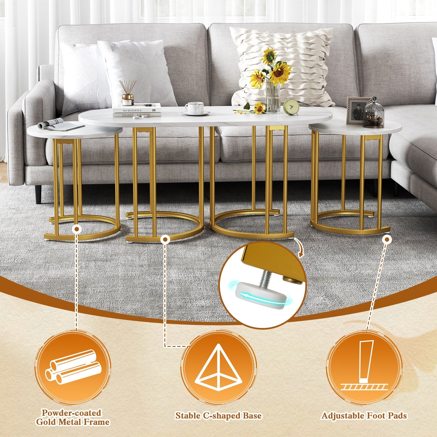 3 Piece Nesting Coffee Table Set with Faux Marble Top and Gold Metal Frame