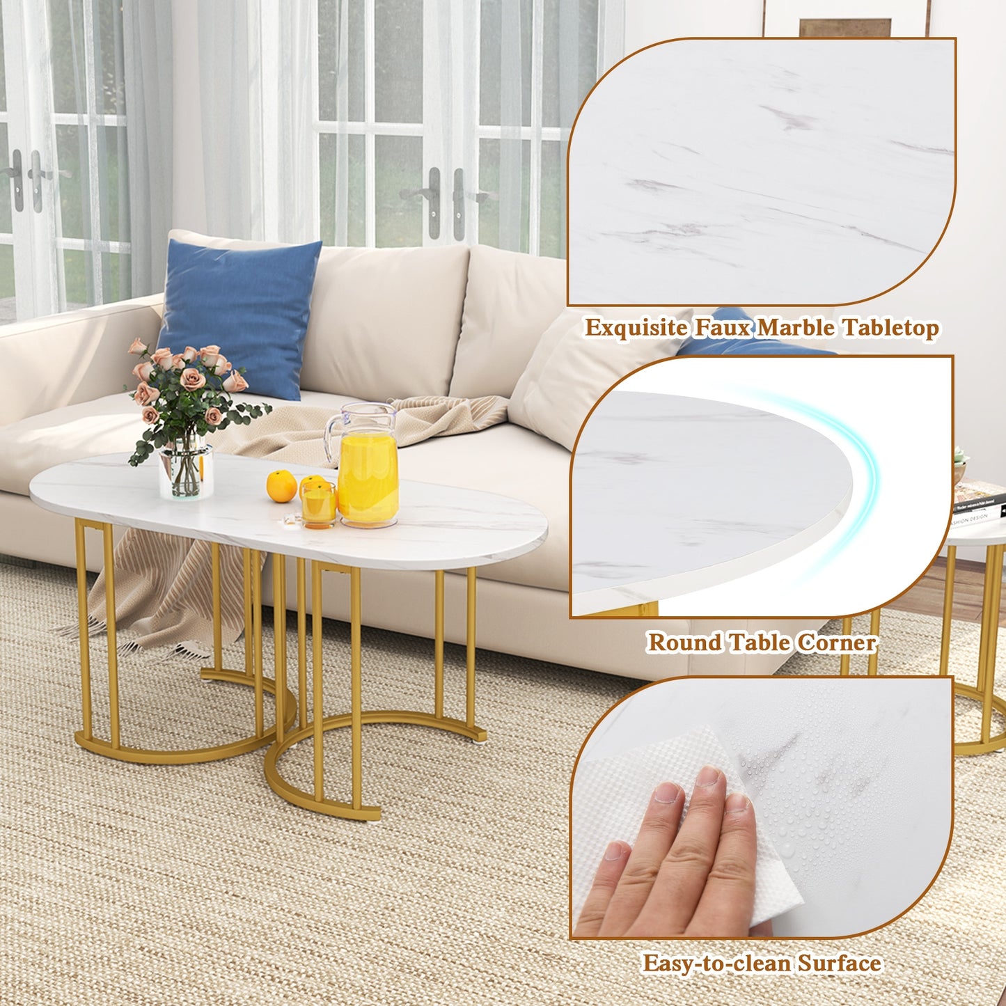 3 Piece Nesting Coffee Table Set with Faux Marble Top and Gold Metal Frame