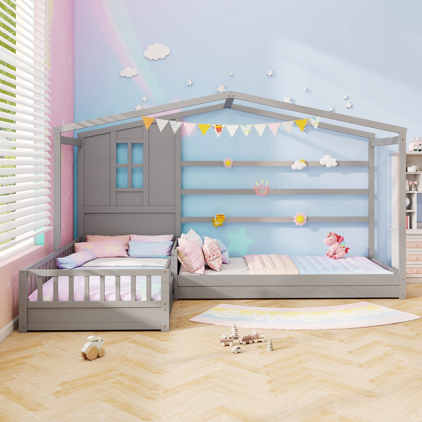 L-Shaped Twin House Platform Bed with Guardrails and Corner Frame Design – Grey