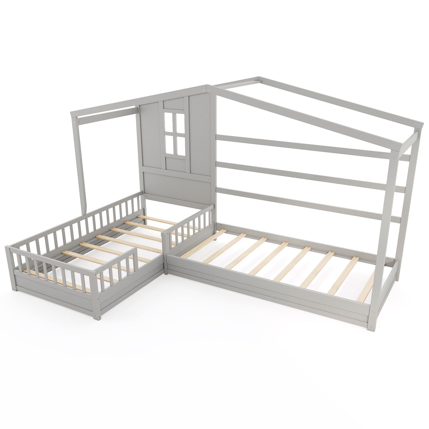 L-Shaped Twin House Platform Bed with Guardrails and Corner Frame Design – Grey