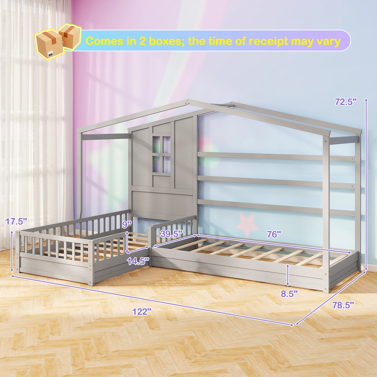 L-Shaped Twin House Platform Bed with Guardrails and Corner Frame Design – Grey