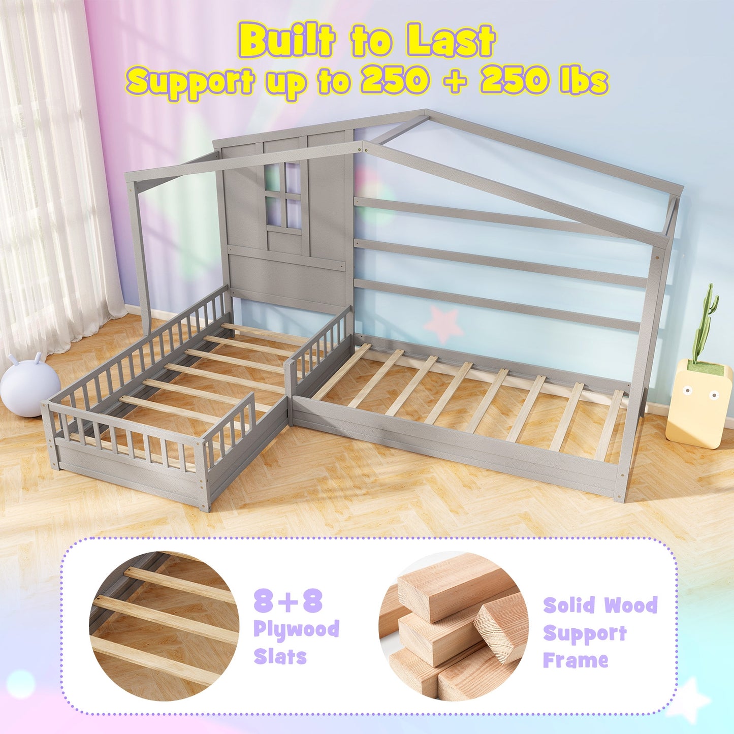 L-Shaped Twin House Platform Bed with Guardrails and Corner Frame Design – Grey