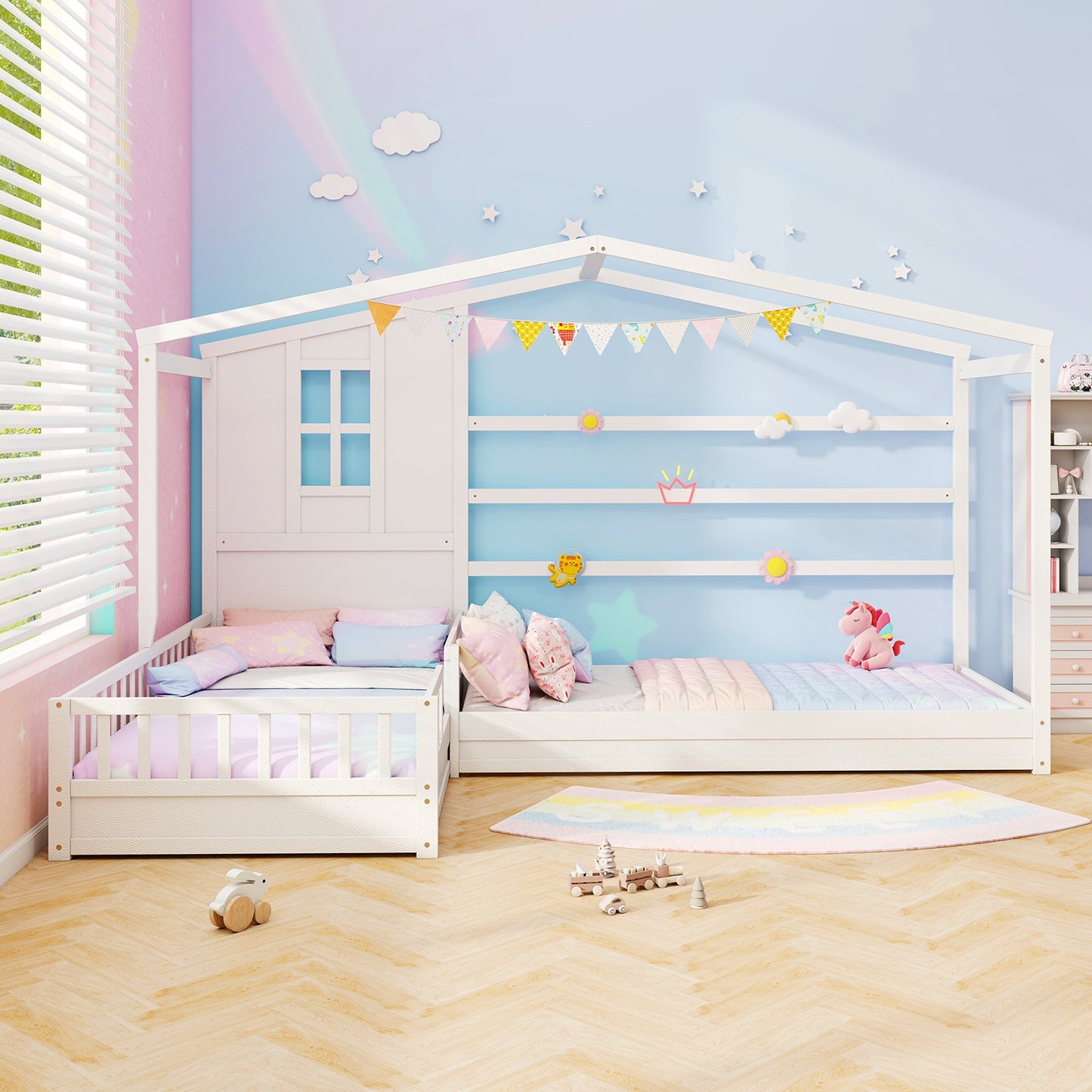 L-Shaped Twin House Platform Bed with Guardrails and Corner Frame Design – White