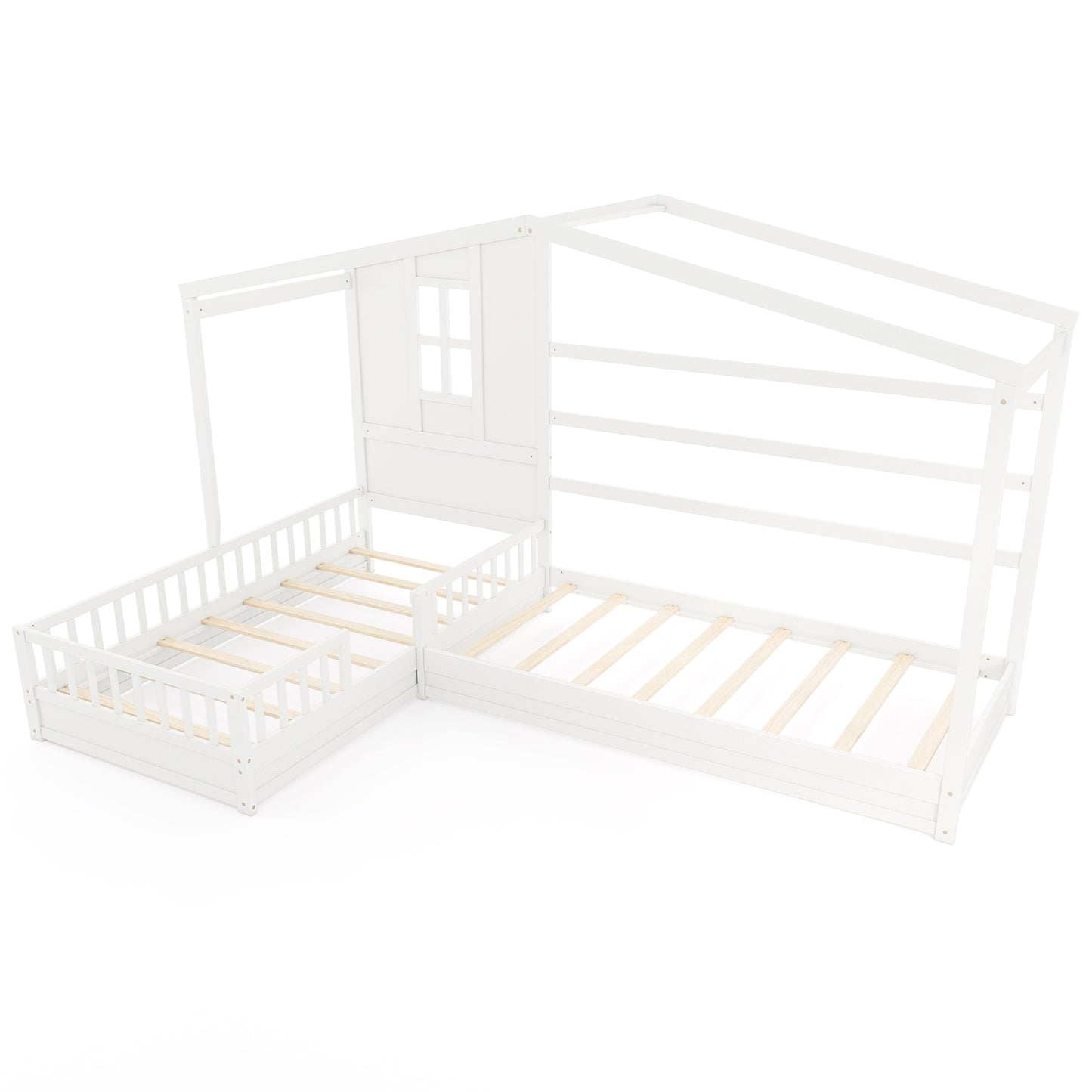 L-Shaped Twin House Platform Bed with Guardrails and Corner Frame Design – White