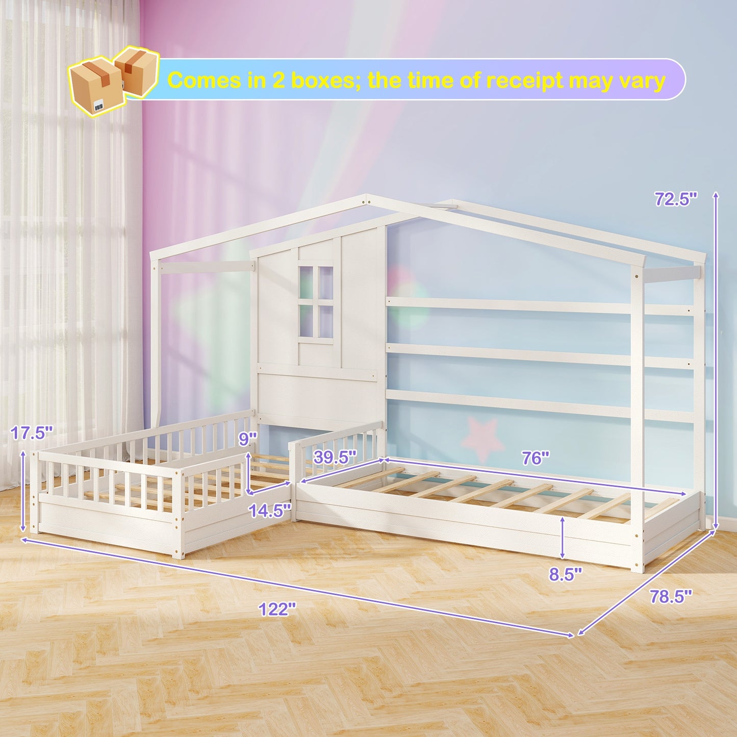 L-Shaped Twin House Platform Bed with Guardrails and Corner Frame Design – White