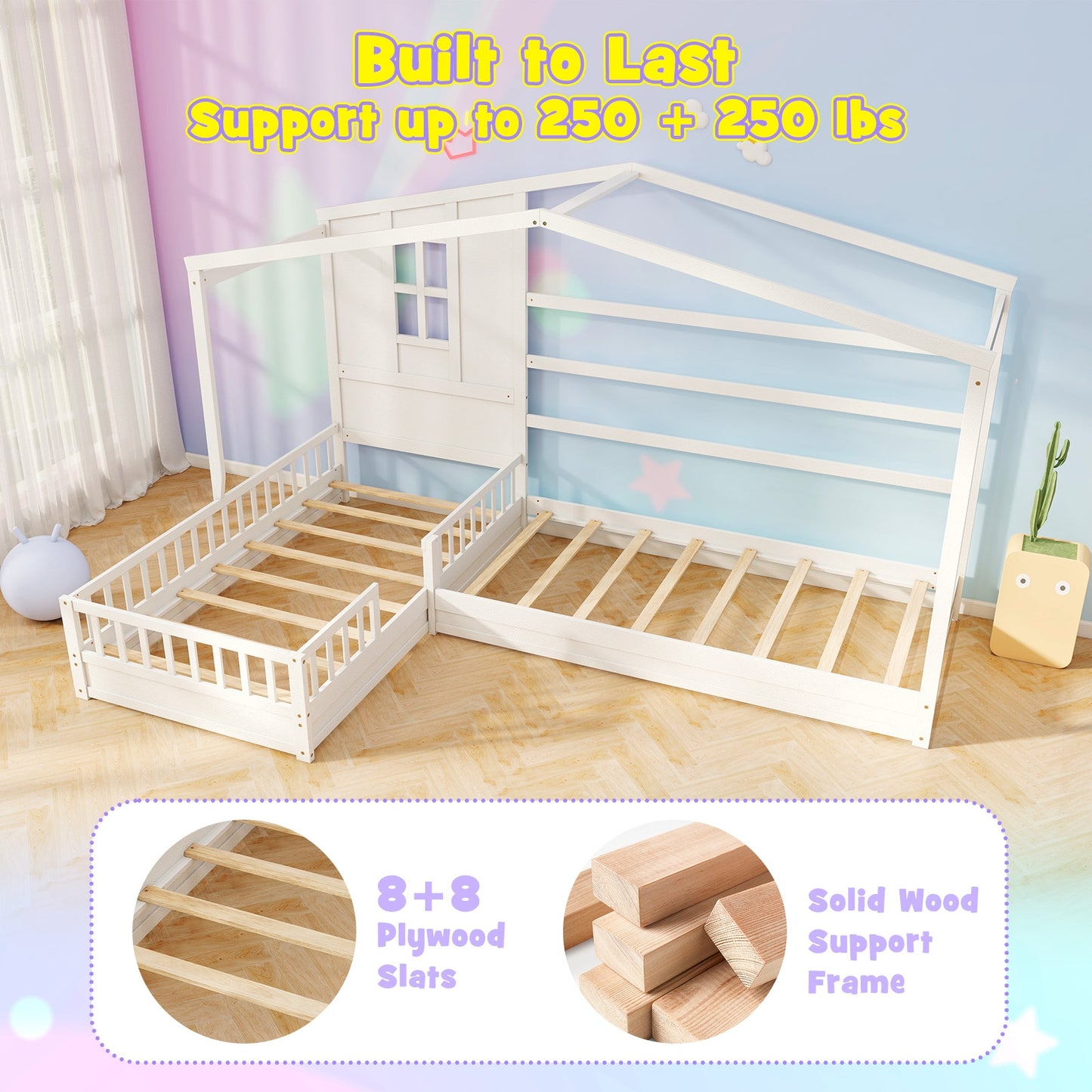 L-Shaped Twin House Platform Bed with Guardrails and Corner Frame Design – White