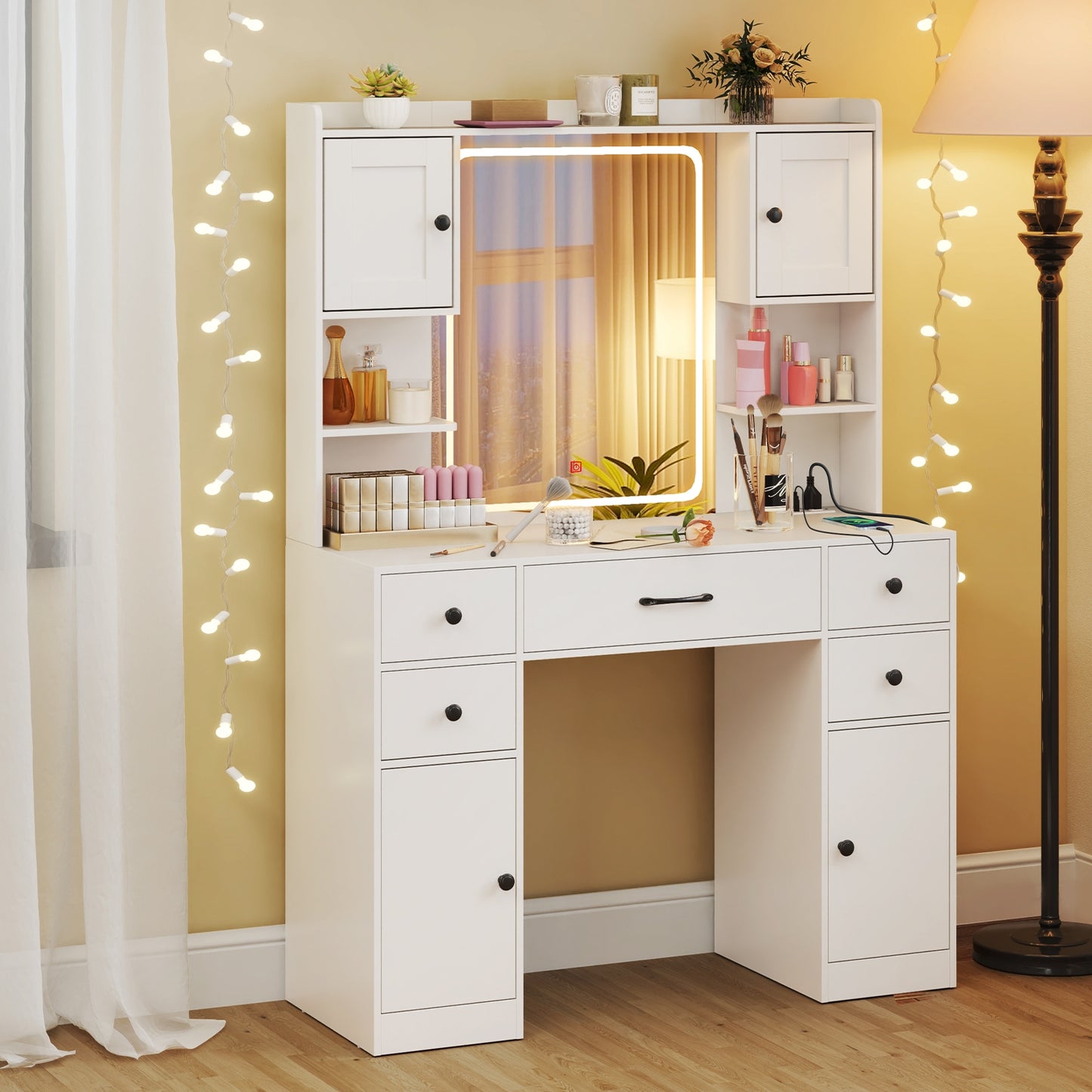LED Lighted Makeup Vanity with Mirror, Charging Station and Storage Drawers