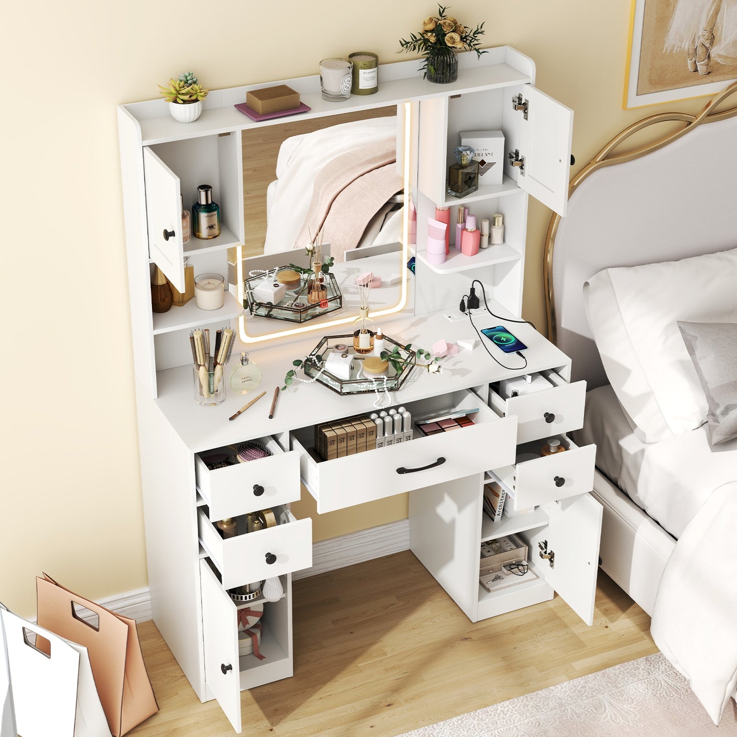 LED Lighted Makeup Vanity with Mirror, Charging Station and Storage Drawers