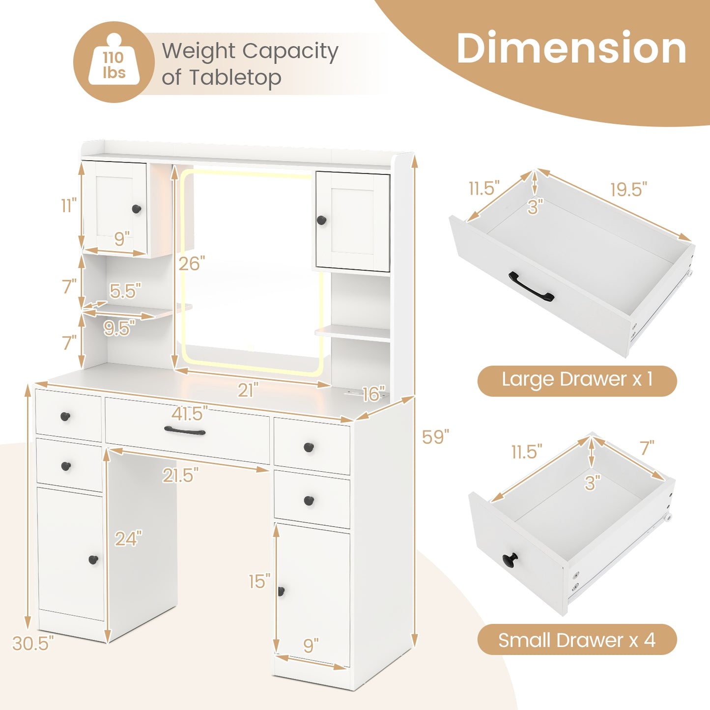 LED Lighted Makeup Vanity with Mirror, Charging Station and Storage Drawers