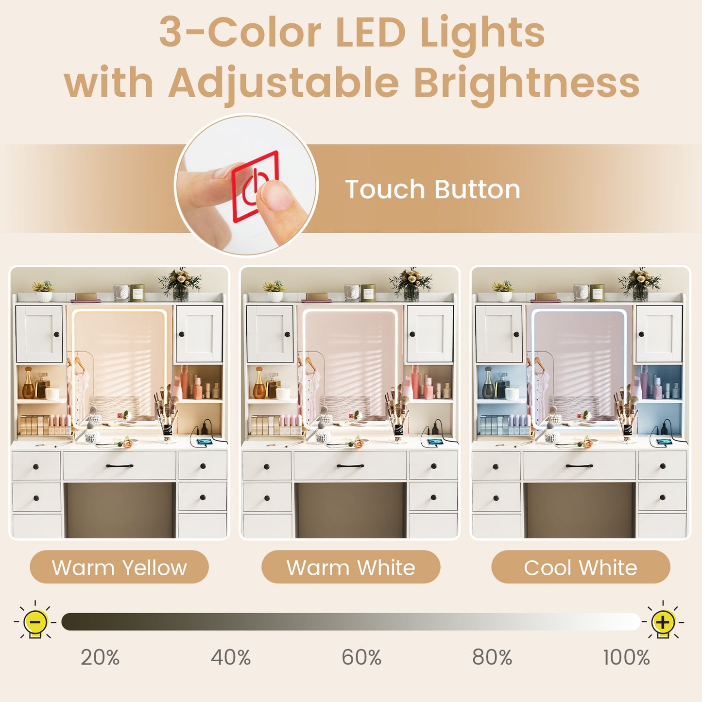 LED Lighted Makeup Vanity with Mirror, Charging Station and Storage Drawers