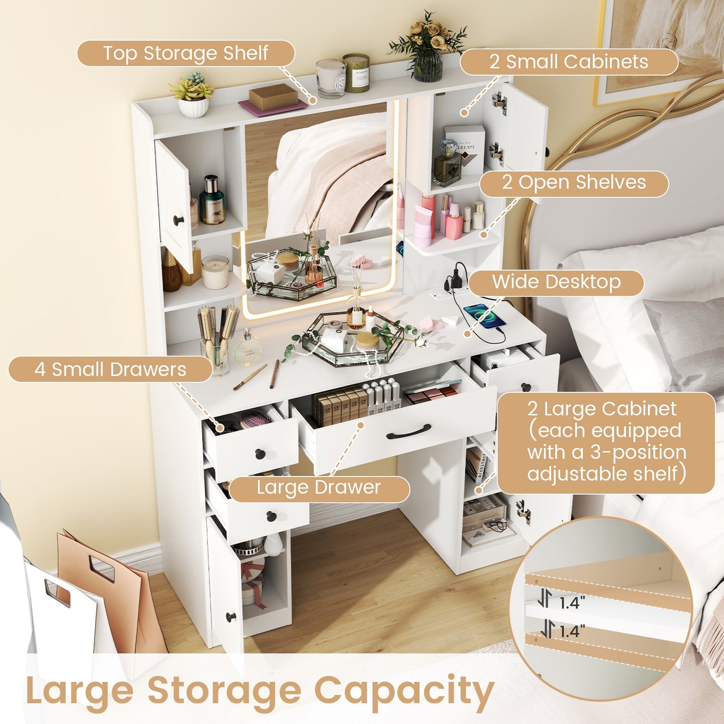 LED Lighted Makeup Vanity with Mirror, Charging Station and Storage Drawers