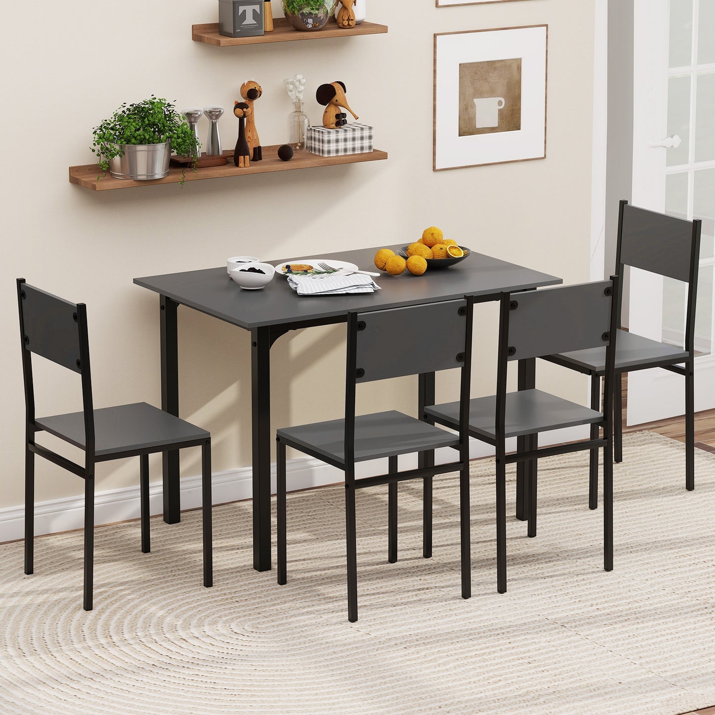 Modern 5 Piece Dining Table Set with Metal Frame and Wood Grain Finish - Grey