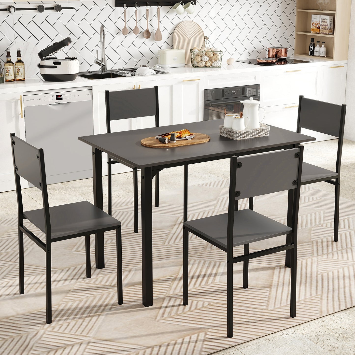 Modern 5 Piece Dining Table Set with Metal Frame and Wood Grain Finish - Grey