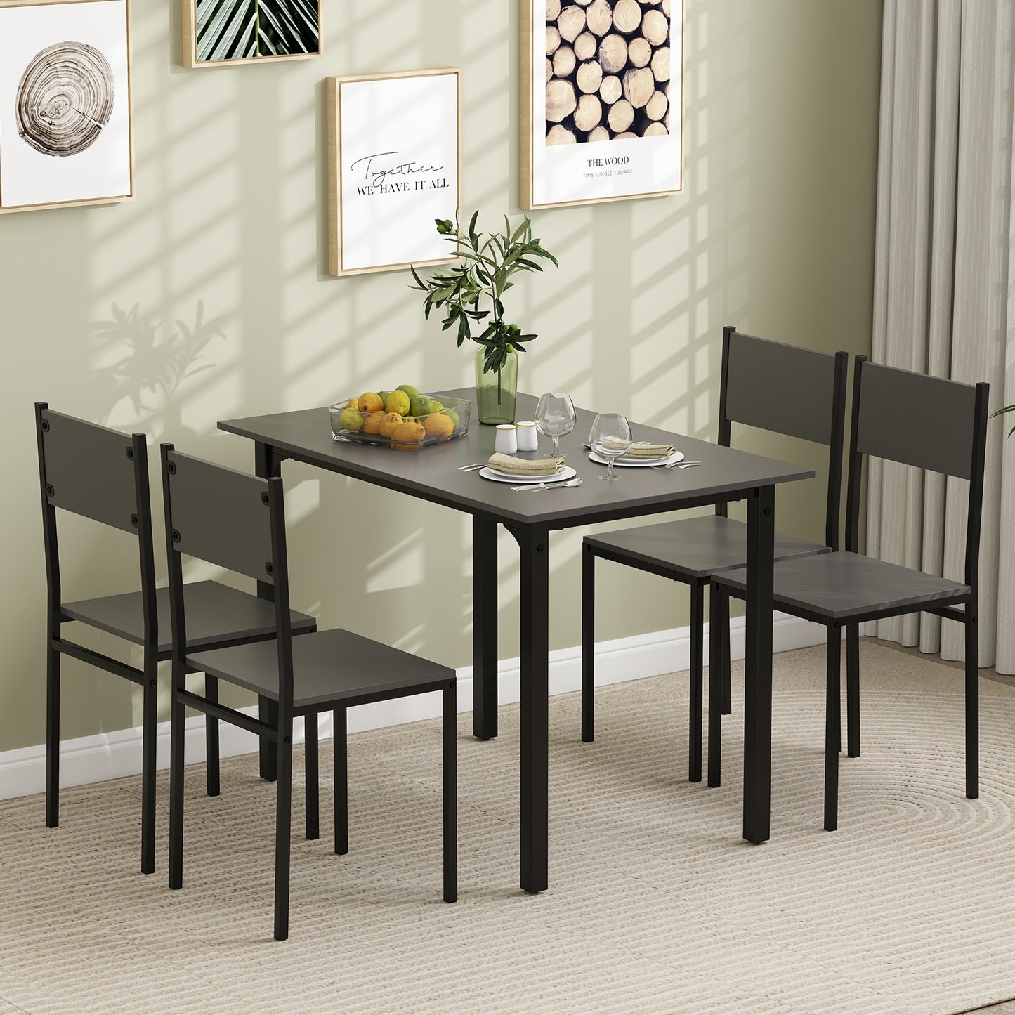 Modern 5 Piece Dining Table Set with Metal Frame and Wood Grain Finish - Grey