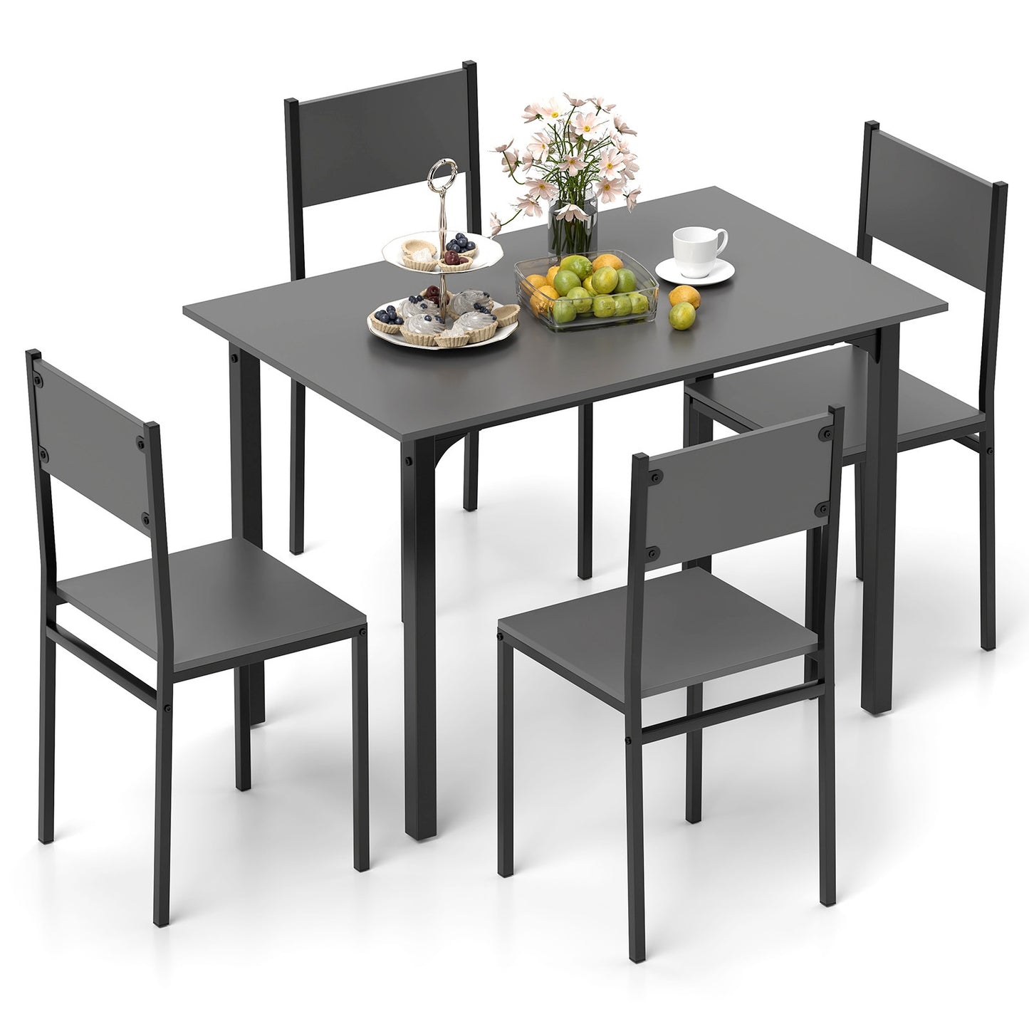 Modern 5 Piece Dining Table Set with Metal Frame and Wood Grain Finish - Grey