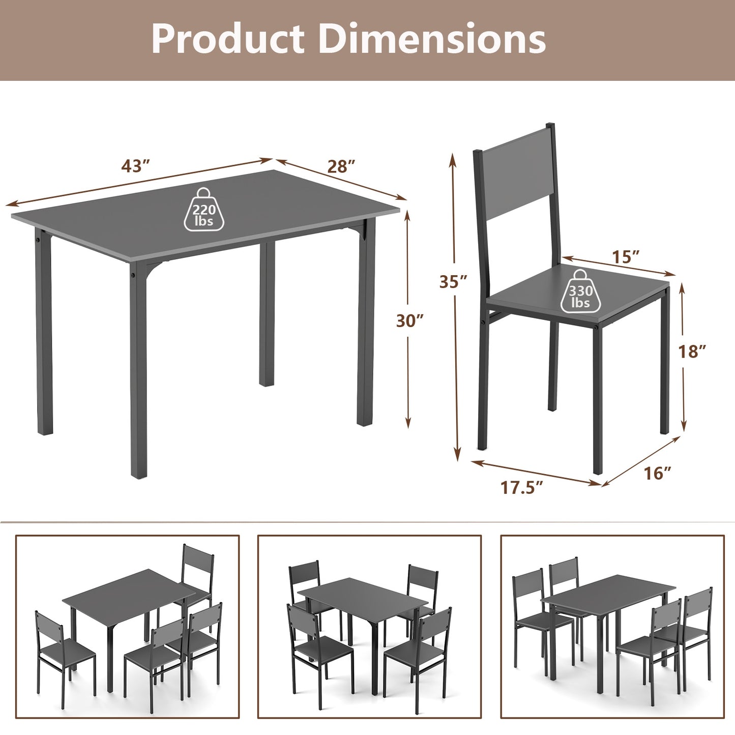 Modern 5 Piece Dining Table Set with Metal Frame and Wood Grain Finish - Grey