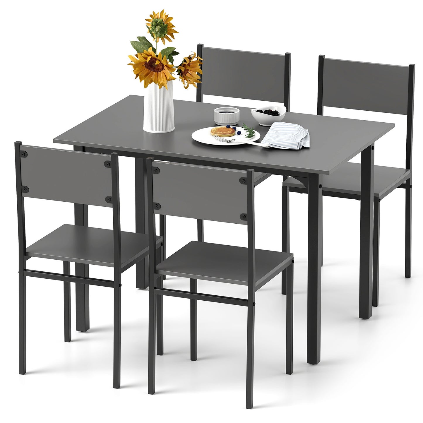 Modern 5 Piece Dining Table Set with Metal Frame and Wood Grain Finish - Grey