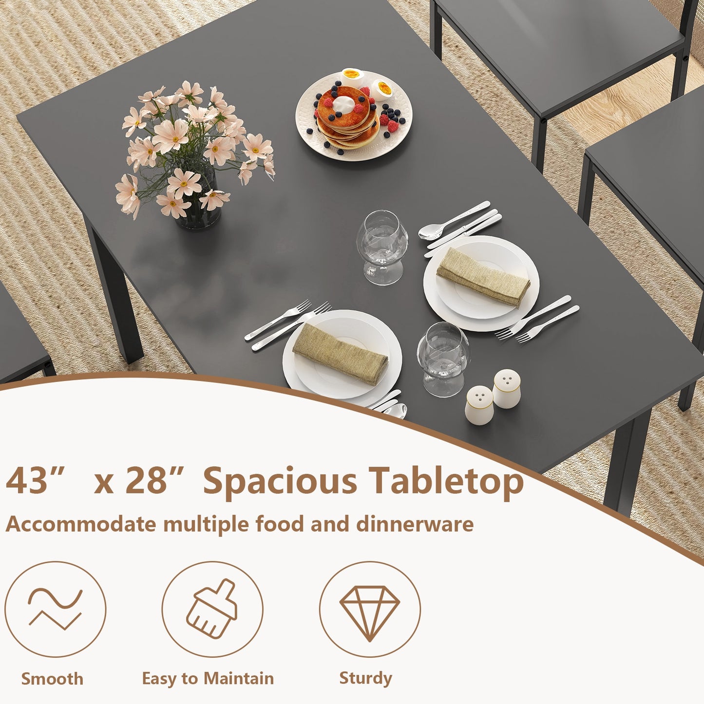 Modern 5 Piece Dining Table Set with Metal Frame and Wood Grain Finish - Grey
