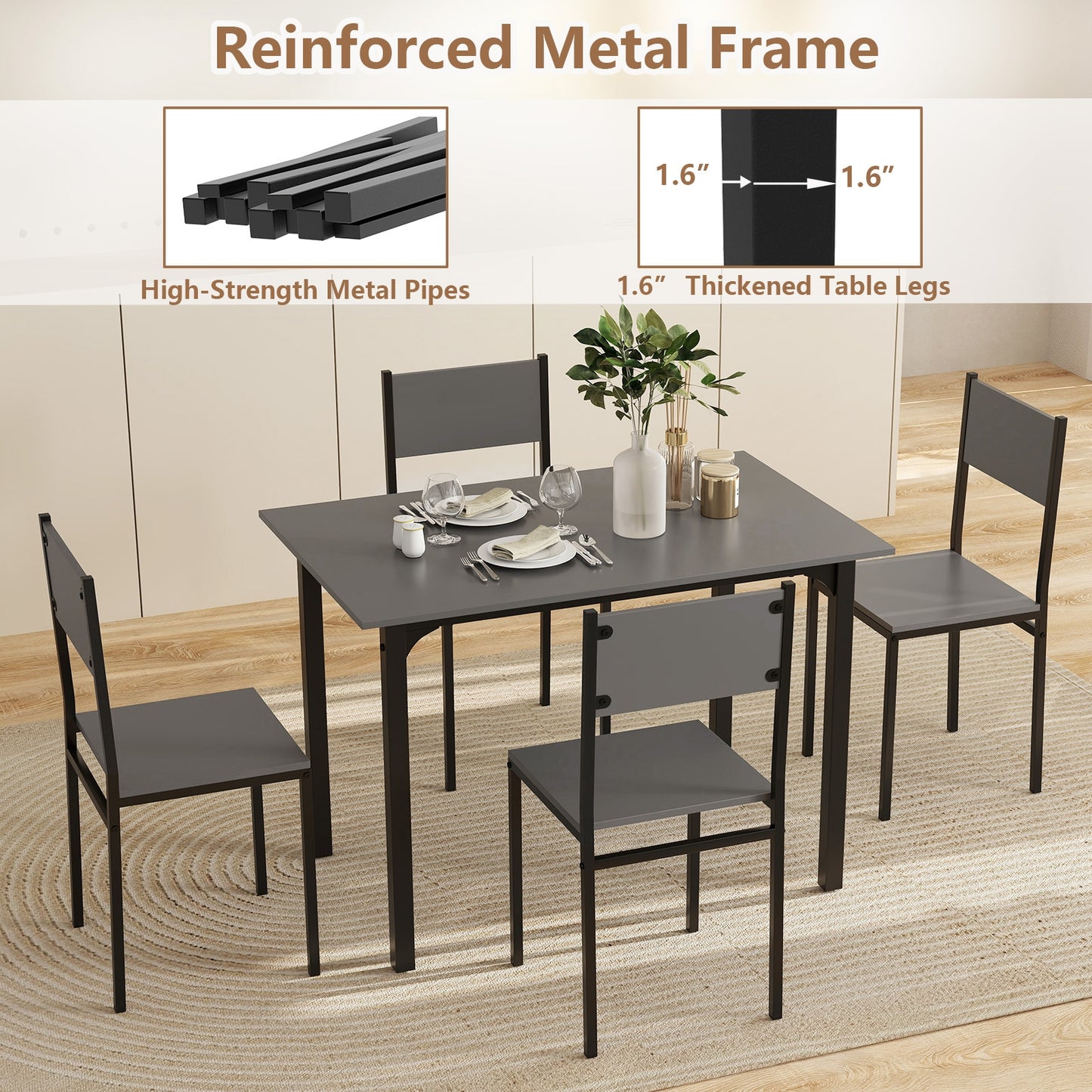 Modern 5 Piece Dining Table Set with Metal Frame and Wood Grain Finish - Grey