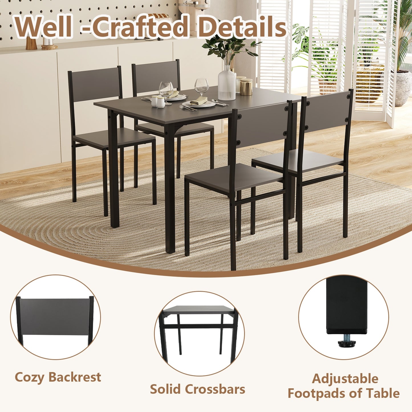 Modern 5 Piece Dining Table Set with Metal Frame and Wood Grain Finish - Grey