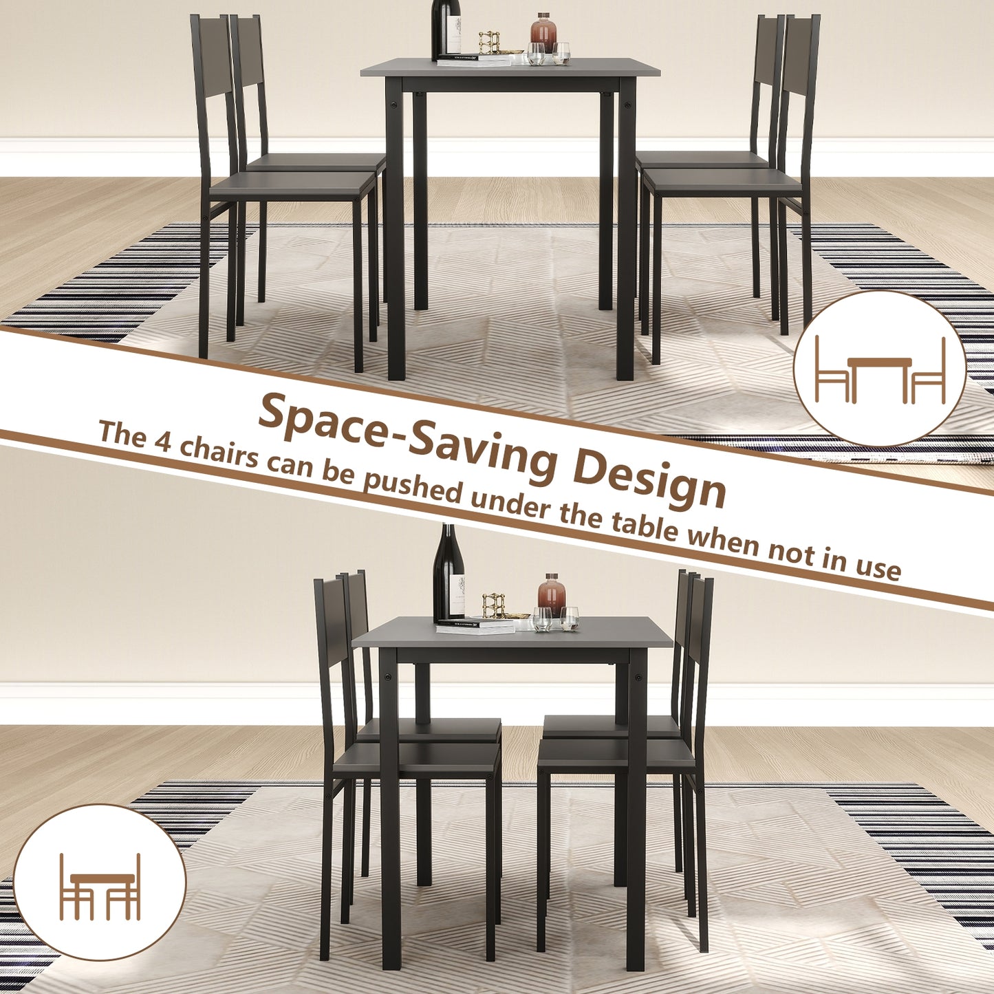 Modern 5 Piece Dining Table Set with Metal Frame and Wood Grain Finish - Grey