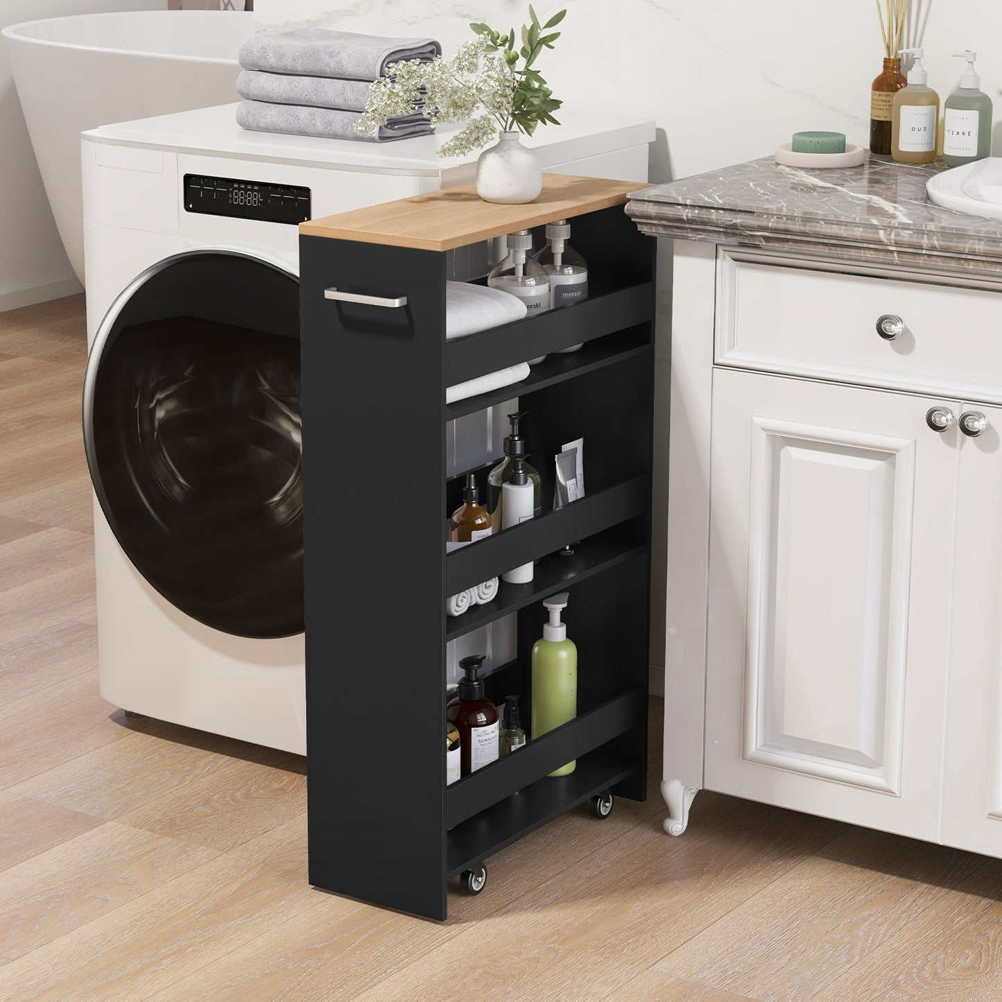 Slim Rolling Storage Cart with 4 Shelves and Handle, Narrow Organizer on Wheels - Black