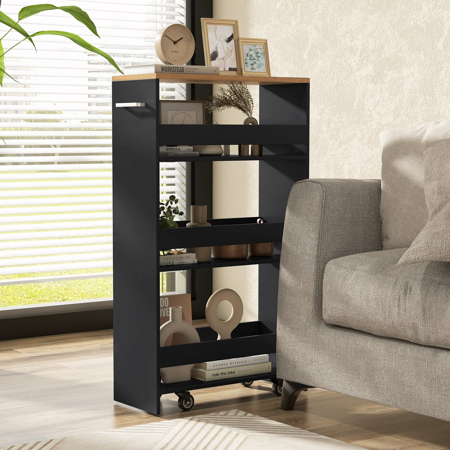 Slim Rolling Storage Cart with 4 Shelves and Handle, Narrow Organizer on Wheels - Black