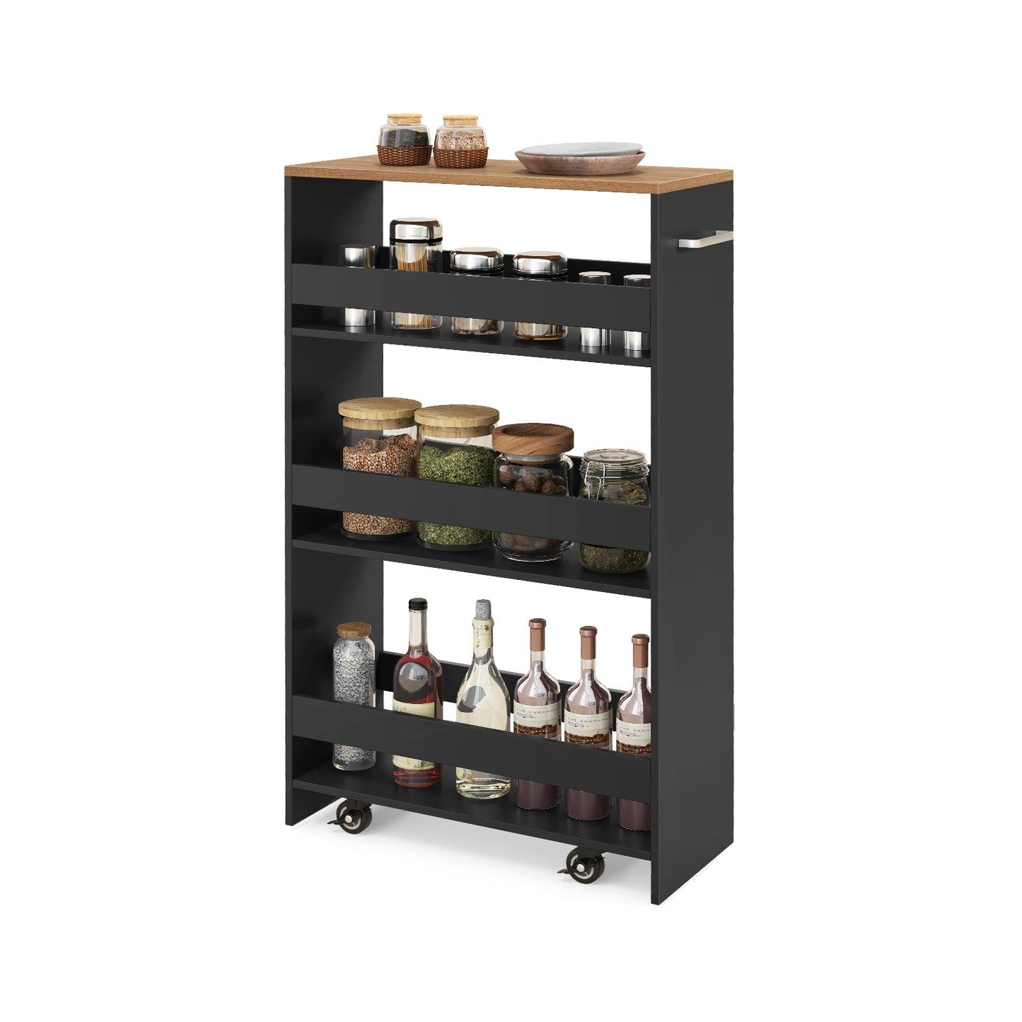 Slim Rolling Storage Cart with 4 Shelves and Handle, Narrow Organizer on Wheels - Black