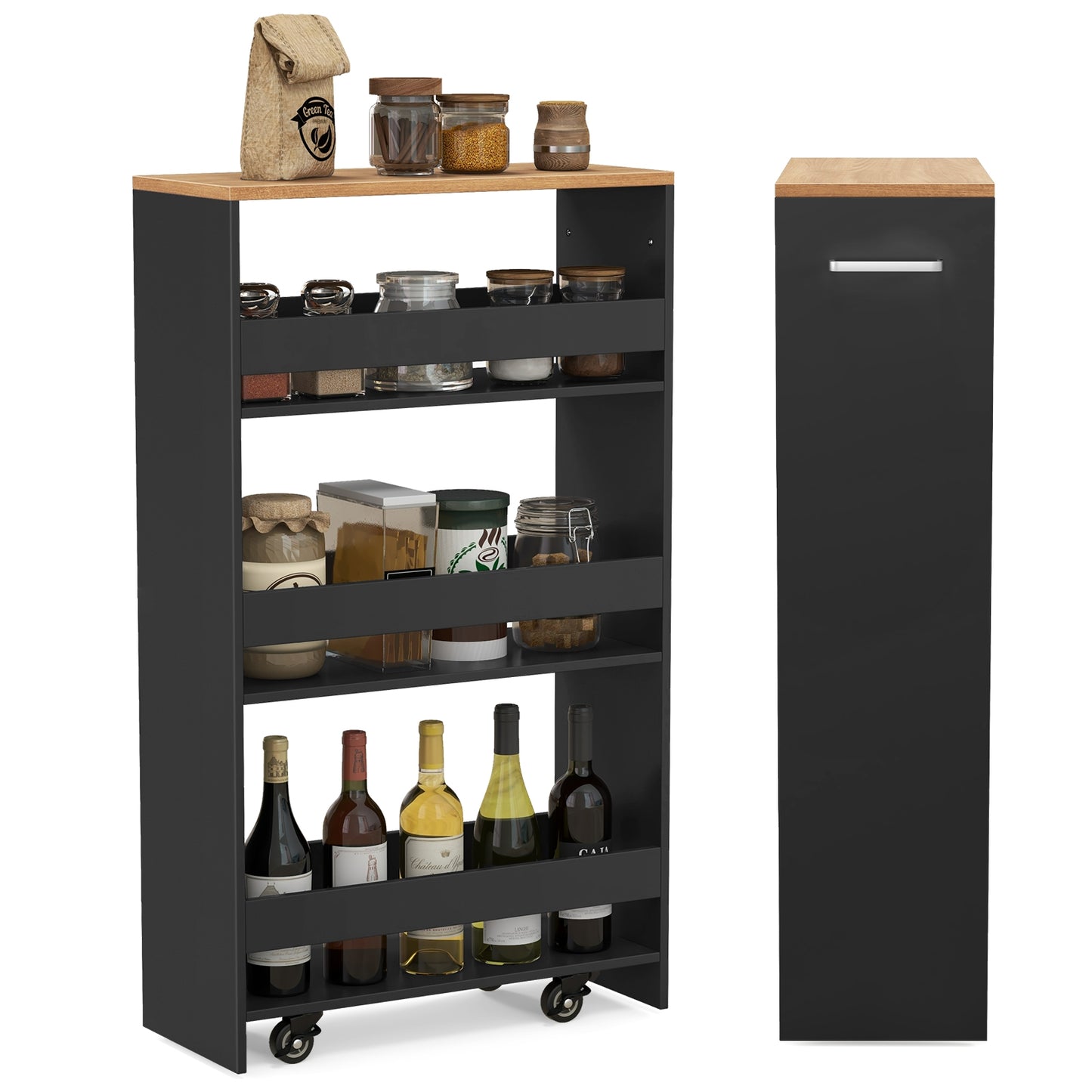 Slim Rolling Storage Cart with 4 Shelves and Handle, Narrow Organizer on Wheels - Black