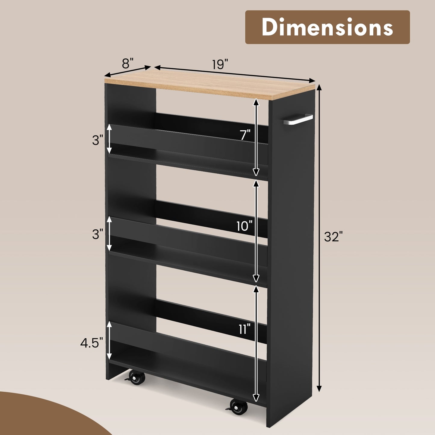 Slim Rolling Storage Cart with 4 Shelves and Handle, Narrow Organizer on Wheels - Black