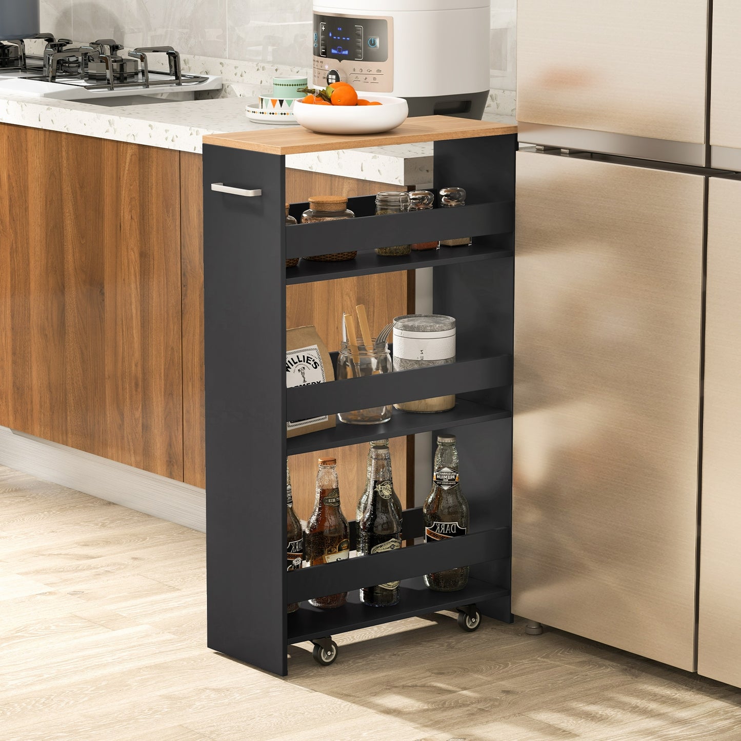 Slim Rolling Storage Cart with 4 Shelves and Handle, Narrow Organizer on Wheels - Black