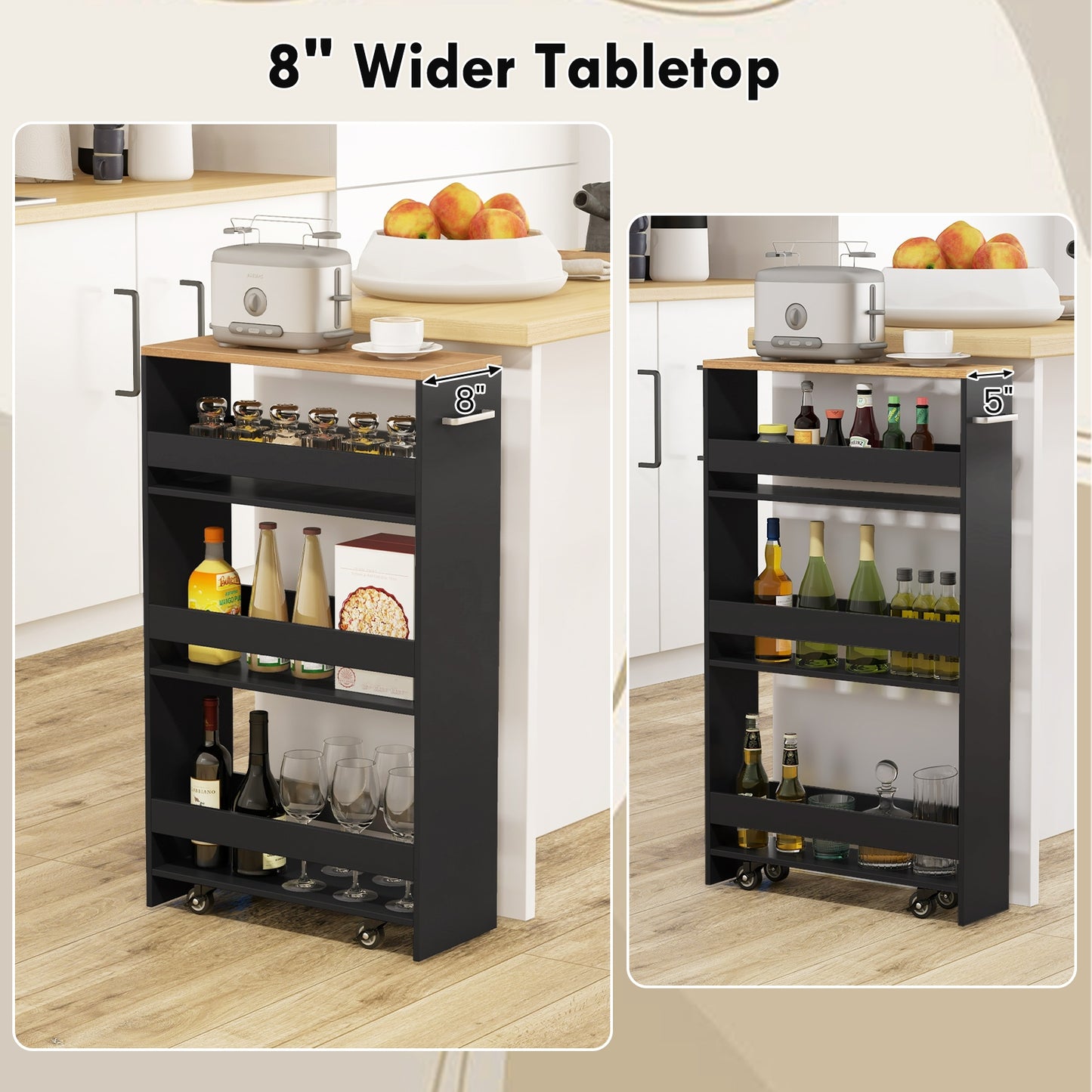 Slim Rolling Storage Cart with 4 Shelves and Handle, Narrow Organizer on Wheels - Black