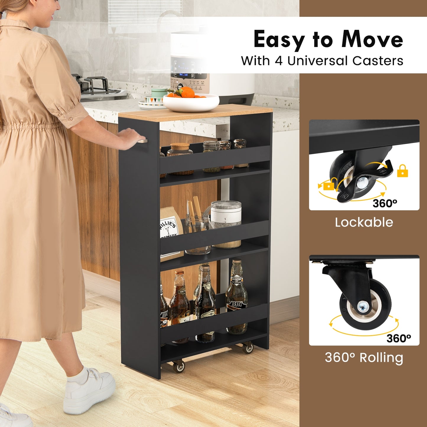 Slim Rolling Storage Cart with 4 Shelves and Handle, Narrow Organizer on Wheels - Black