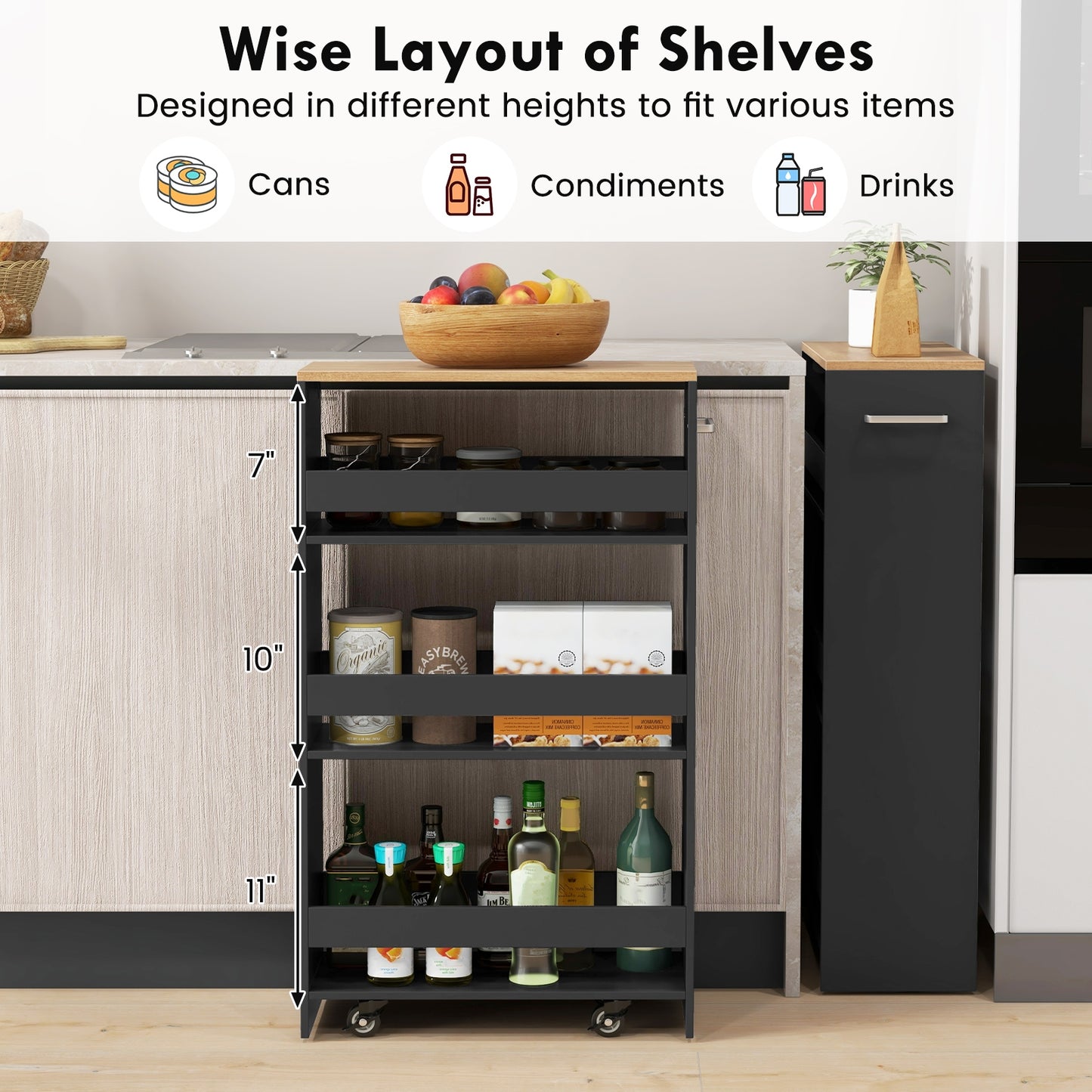 Slim Rolling Storage Cart with 4 Shelves and Handle, Narrow Organizer on Wheels - Black