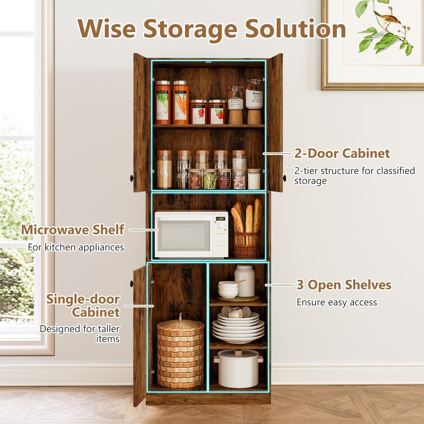 Tall Kitchen Pantry Cabinet with Microwave Shelf and Adjustable Storage Shelves - Rustic Brown
