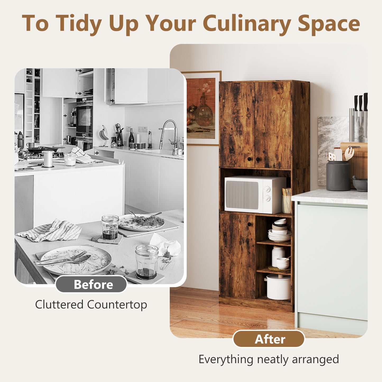 Tall Kitchen Pantry Cabinet with Microwave Shelf and Adjustable Storage Shelves - Rustic Brown