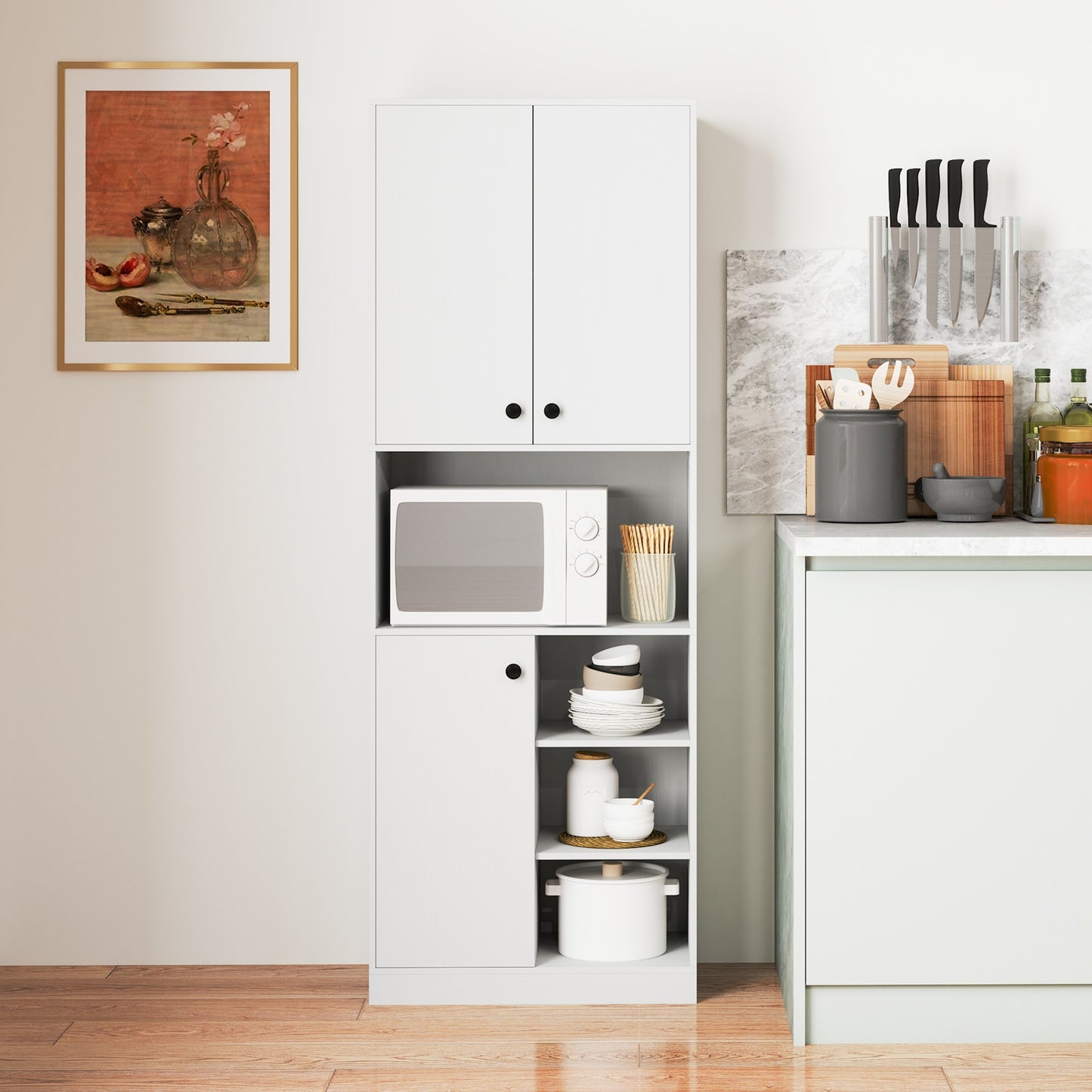 Tall Kitchen Pantry Cabinet with Microwave Shelf and Adjustable Storage Shelves - White