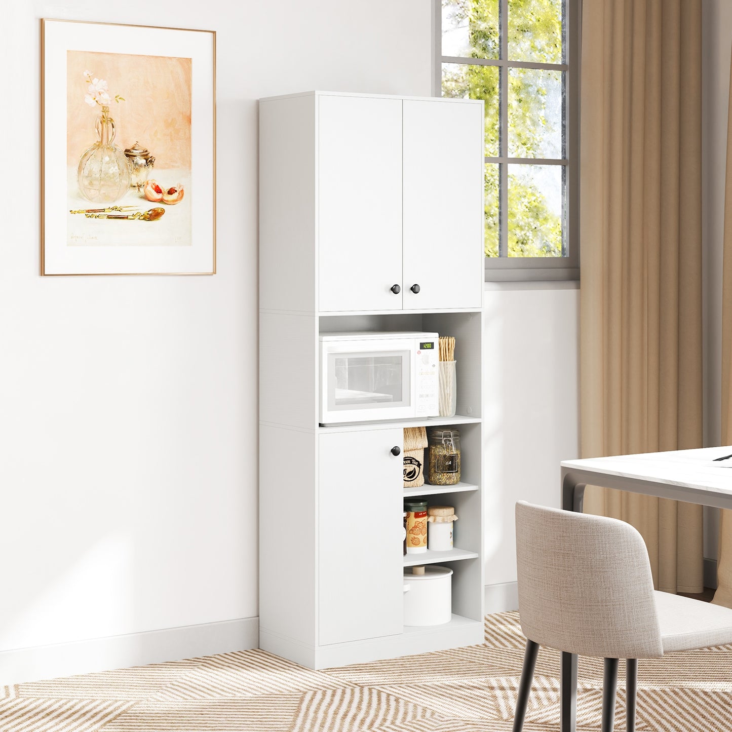 Tall Kitchen Pantry Cabinet with Microwave Shelf and Adjustable Storage Shelves - White