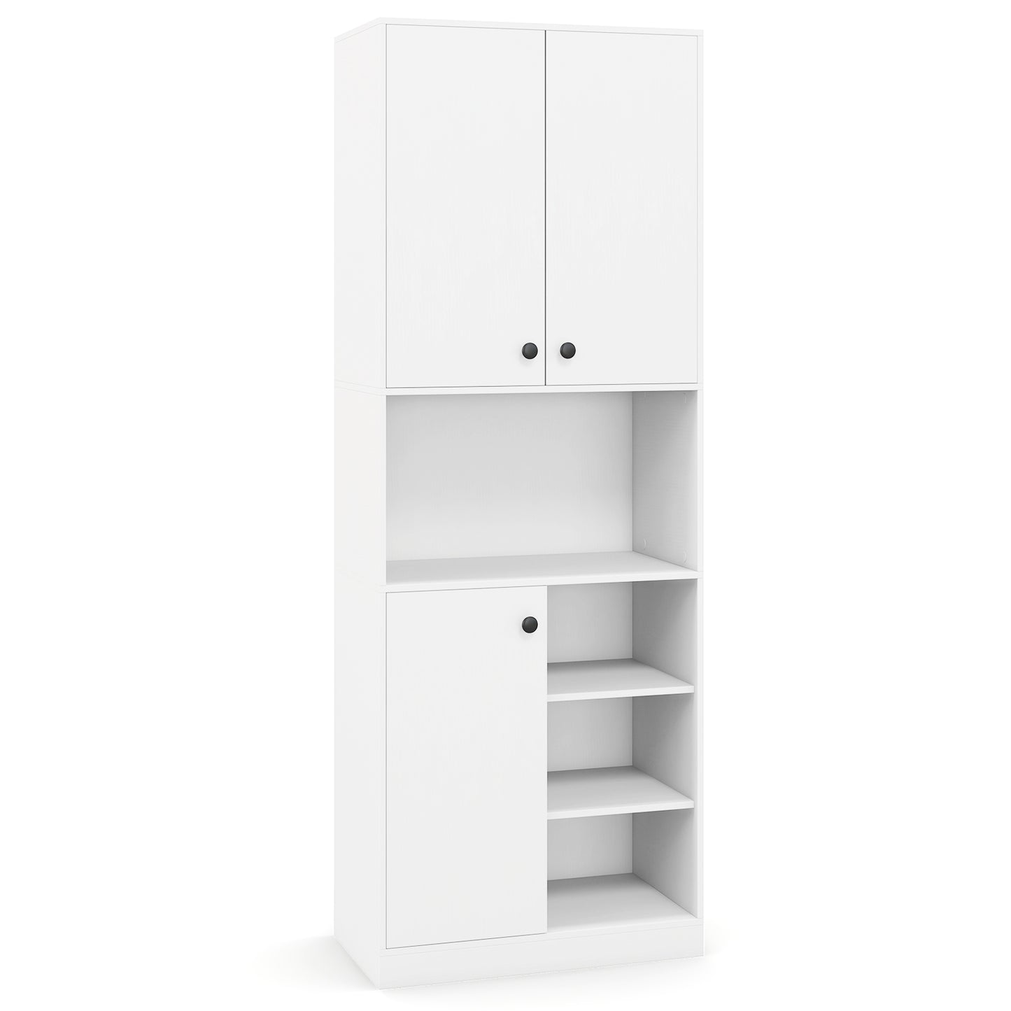 Tall Kitchen Pantry Cabinet with Microwave Shelf and Adjustable Storage Shelves - White