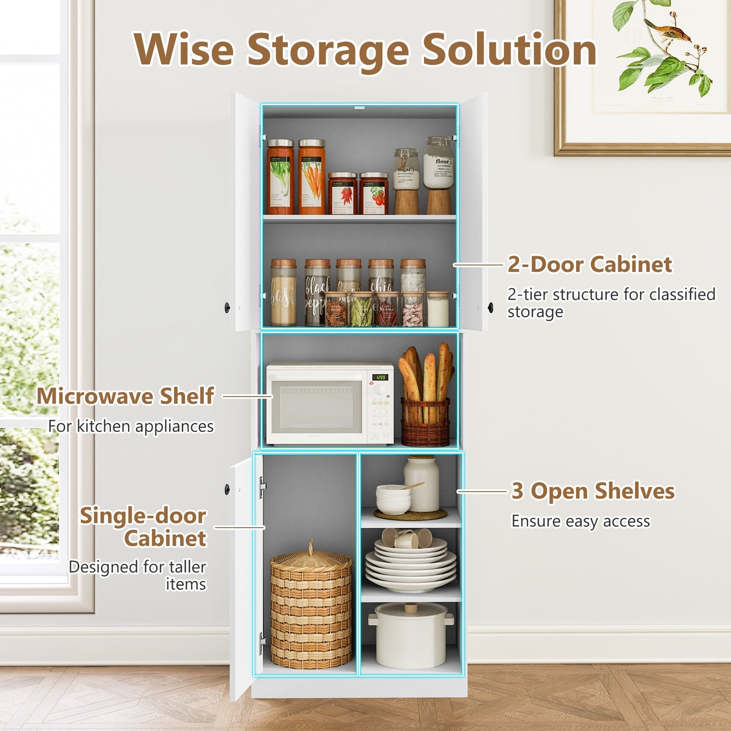 Tall Kitchen Pantry Cabinet with Microwave Shelf and Adjustable Storage Shelves - White