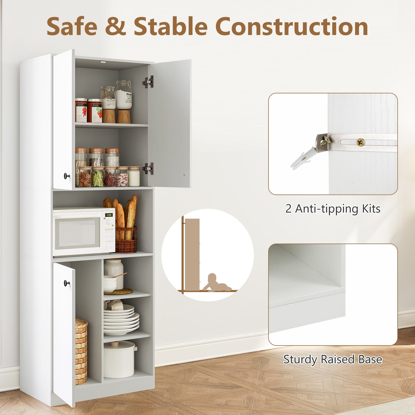 Tall Kitchen Pantry Cabinet with Microwave Shelf and Adjustable Storage Shelves - White