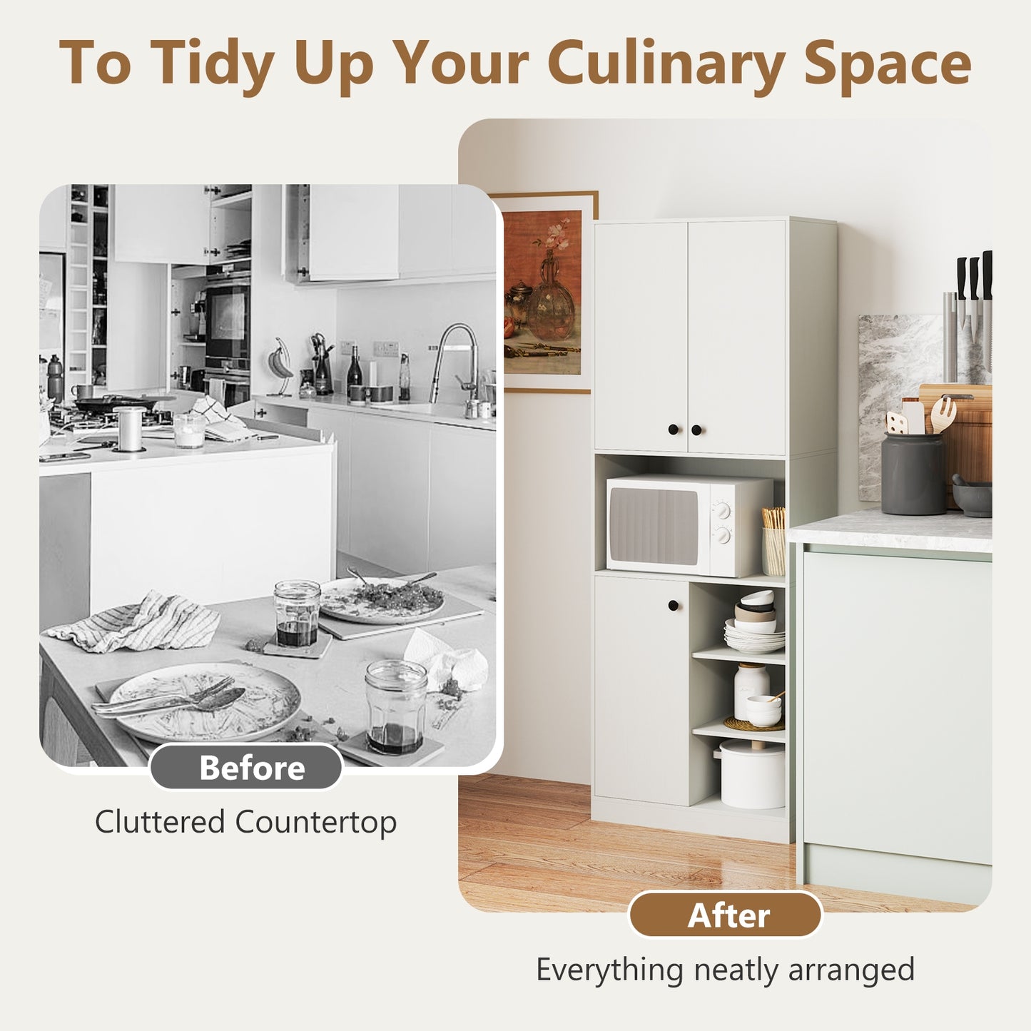 Tall Kitchen Pantry Cabinet with Microwave Shelf and Adjustable Storage Shelves - White