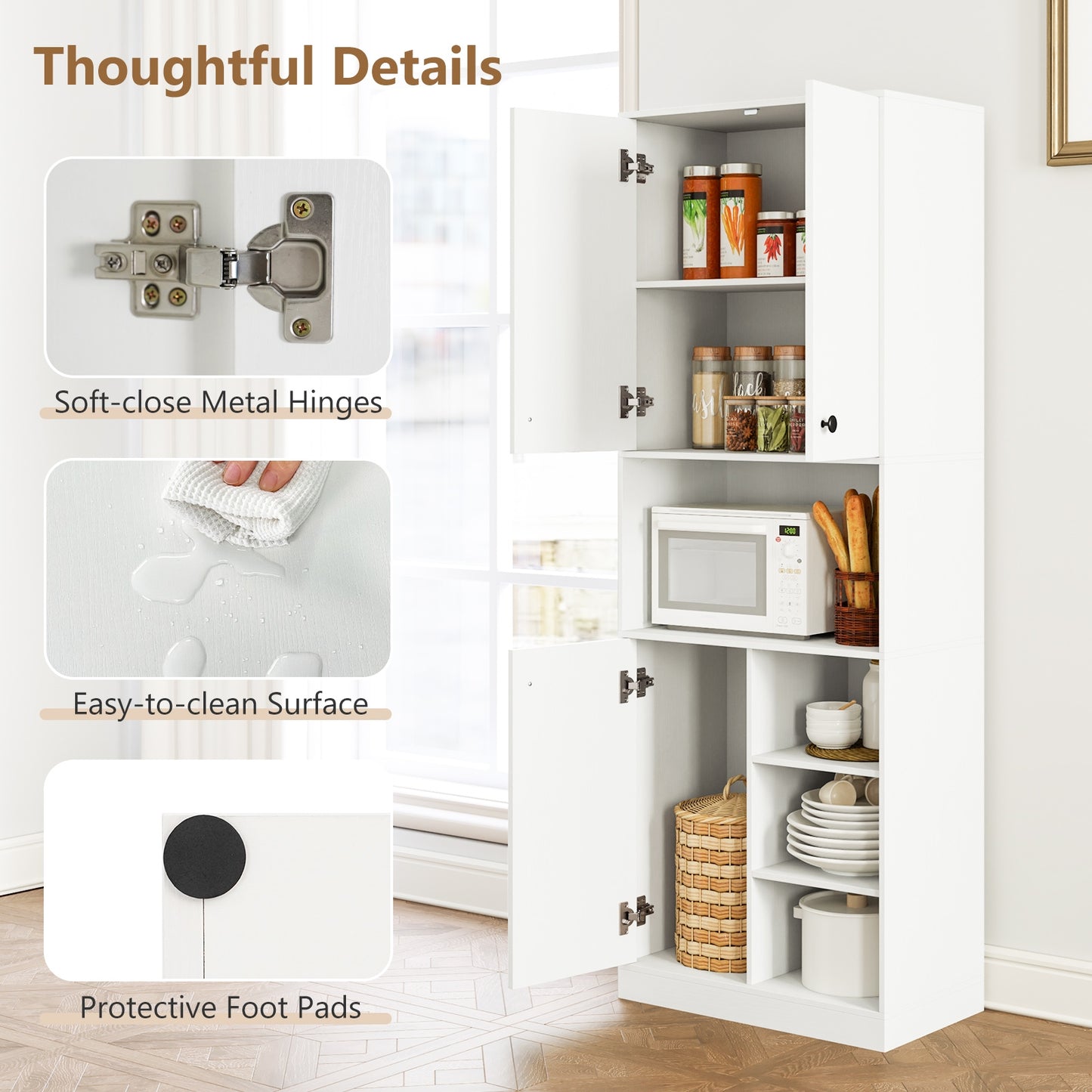 Tall Kitchen Pantry Cabinet with Microwave Shelf and Adjustable Storage Shelves - White