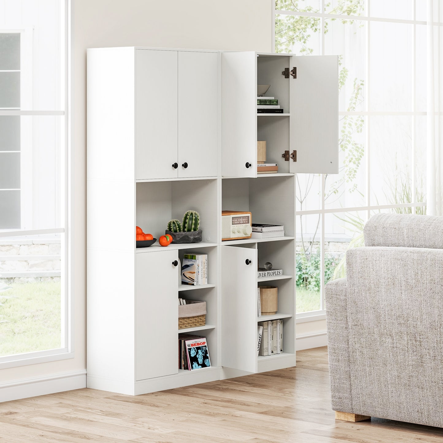 Tall Kitchen Pantry Cabinet with Microwave Shelf and Adjustable Storage Shelves - White
