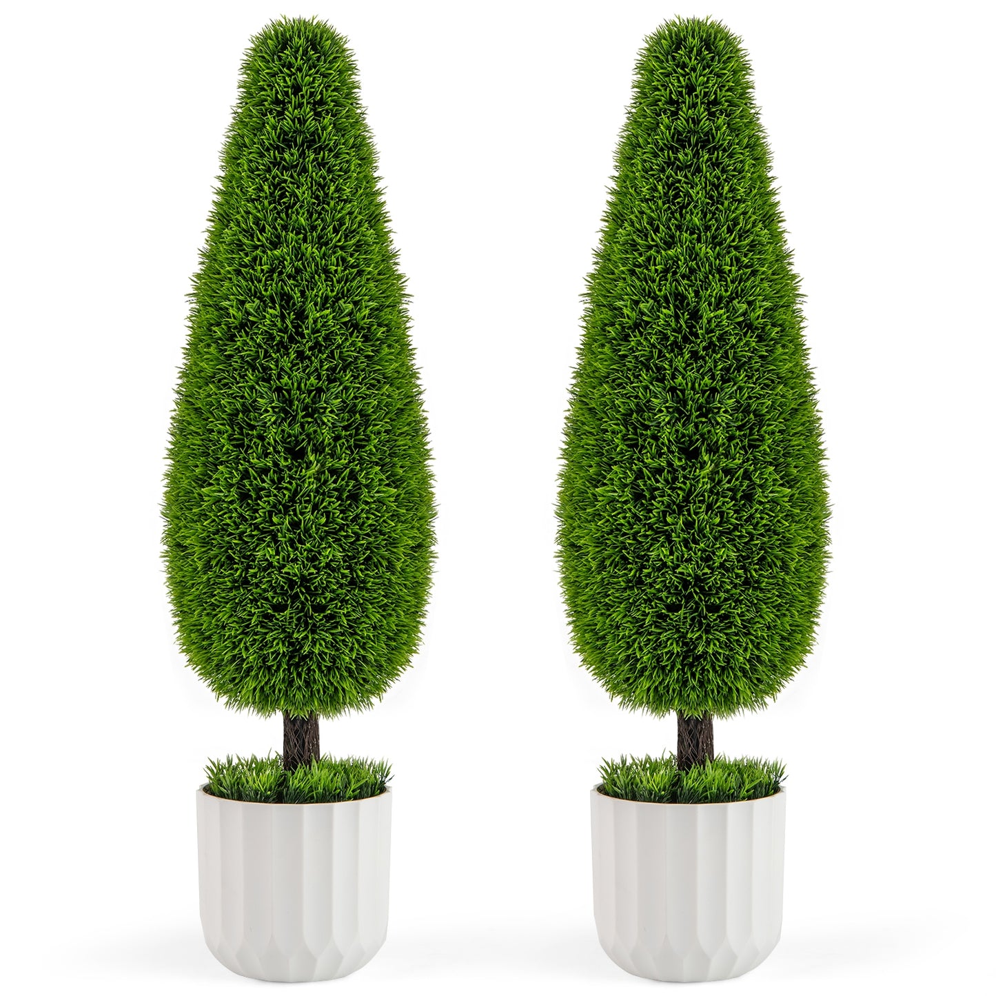 Set of 2 - 3FT Artificial Cedar Teardrop Bushes with Realistic Vines and Cement Nursery Pots-Green