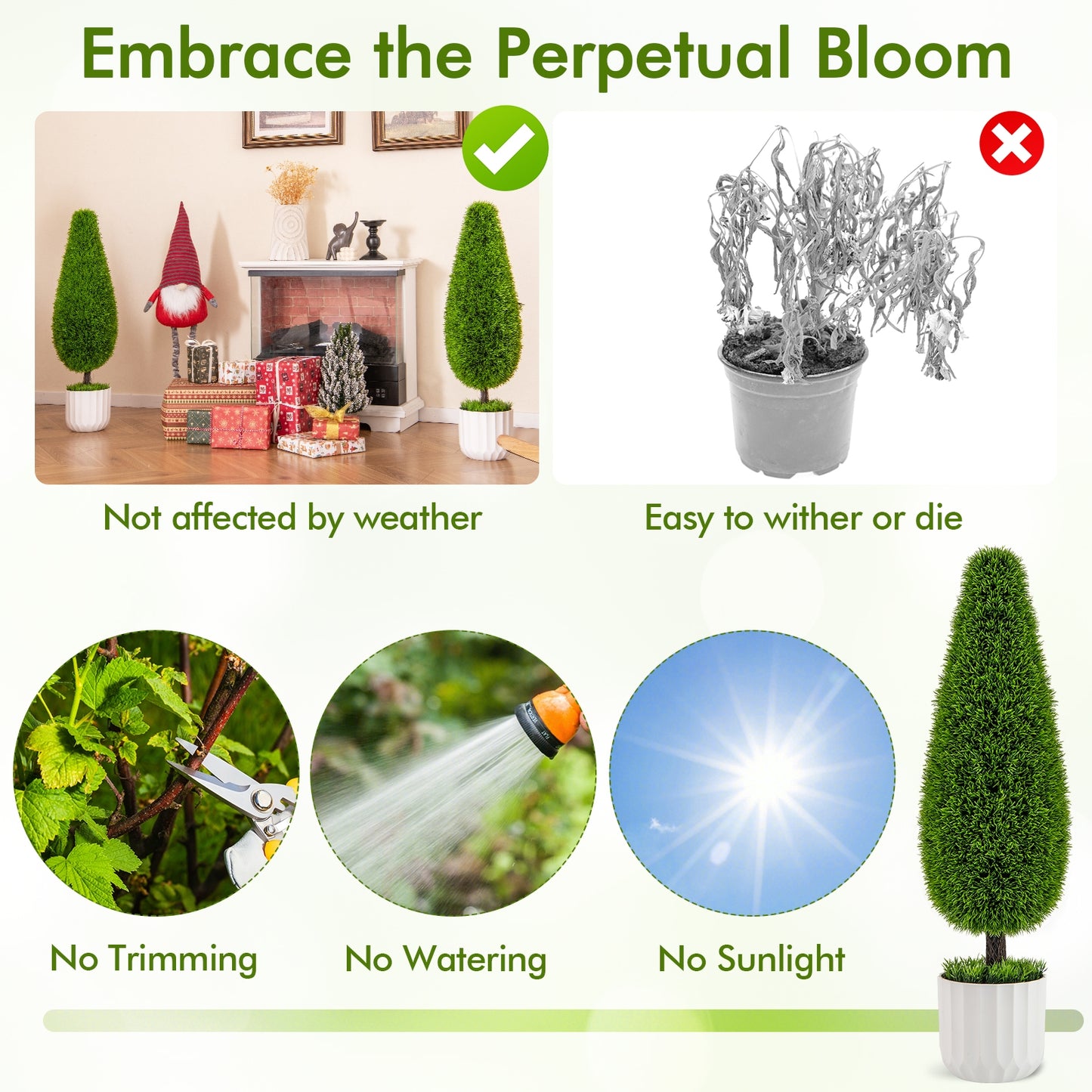 Set of 2 - 3FT Artificial Cedar Teardrop Bushes with Realistic Vines and Cement Nursery Pots-Green