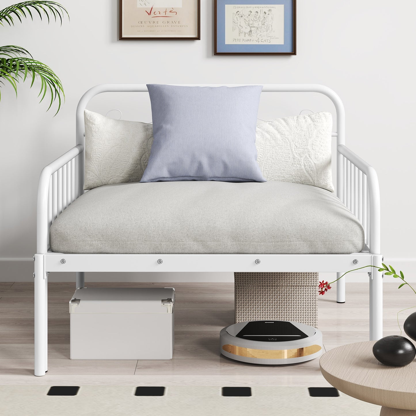 Convertible Metal Daybed with Guardrails and Armrests, Twin Size Bed – White