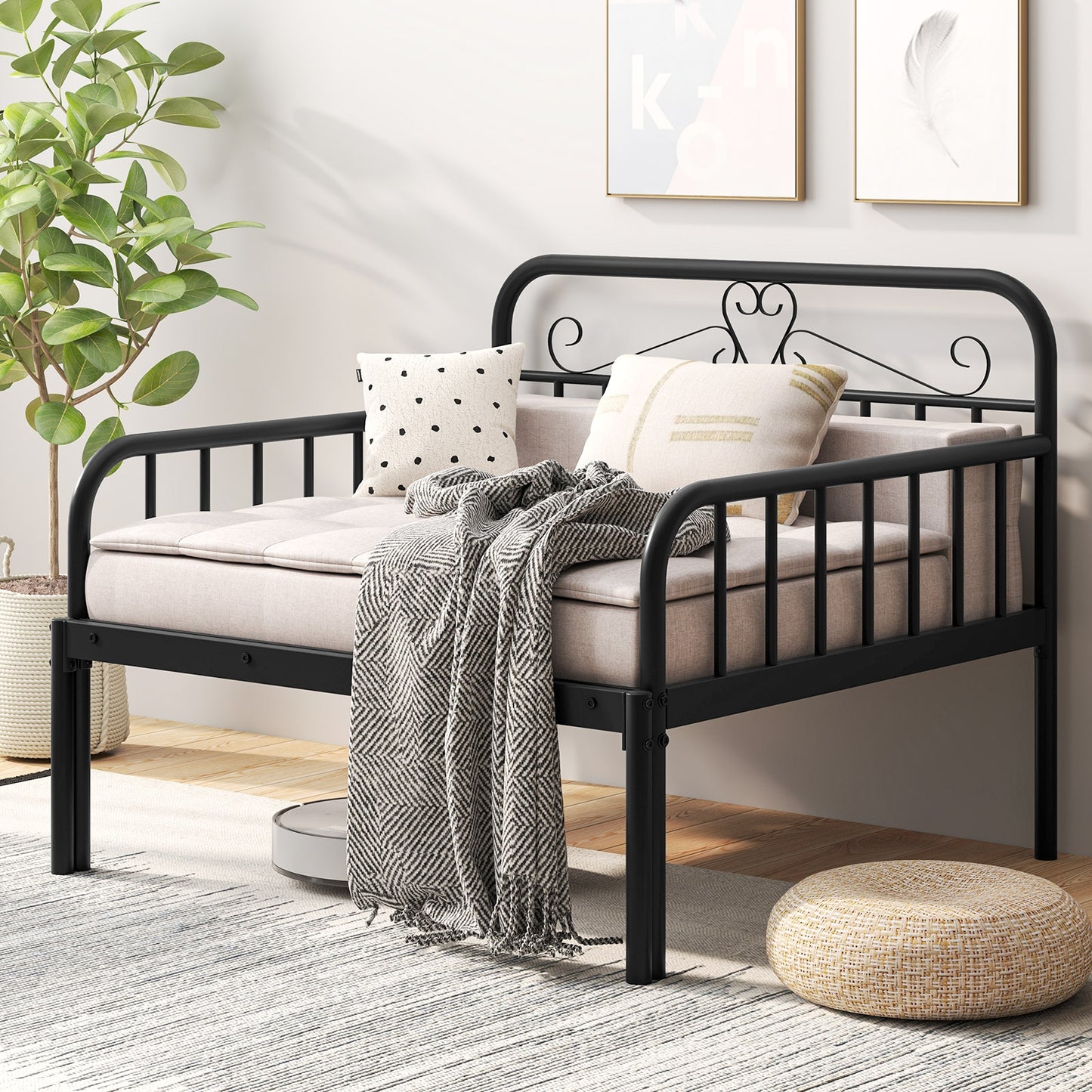 Convertible Metal Daybed with Guardrails and Armrests, Twin Size Bed – Black