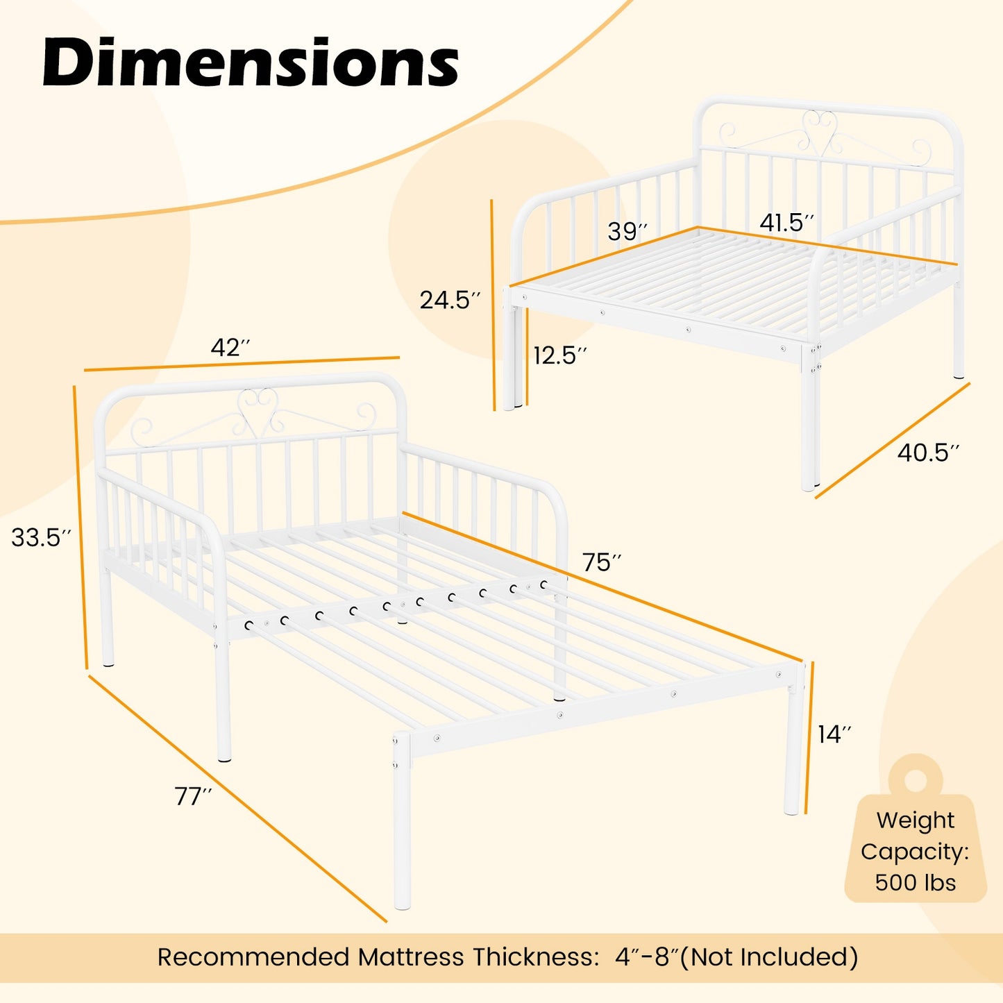 Expandable White Metal Daybed with Guardrails & Armrests, Converts to Twin Size Bed