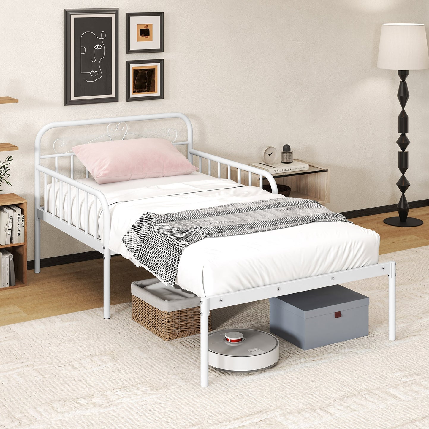 Convertible Metal Daybed with Guardrails and Armrests, Twin Size Bed – White